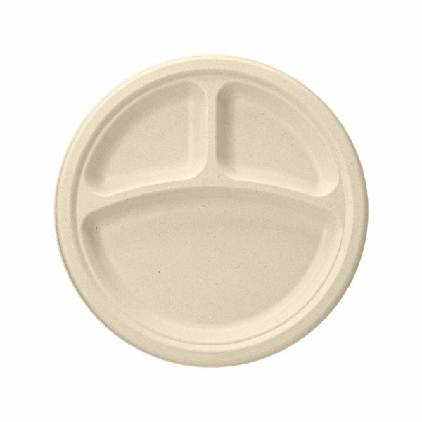 20-PACK OF Plates - Sugarcane Bagasse Compostable 10 inch Round 3-Compartment Plates - Case of 20 (500 Pcs)