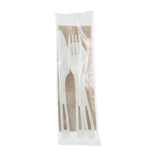 250-PACK OF Cutlery Set Eco-Friendly World Centric 6-Inch Compostable Cutlery Set - 250 TPLA Knives, Forks, Spoons, and Napkins in White