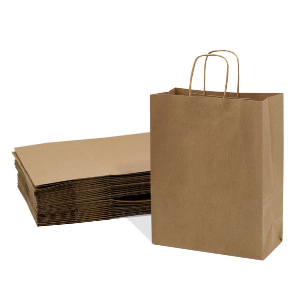 25-PACK OF Bag Paper 10x5x13 Inch 25 Count Brown 120 GSM Medium Prime Line Packaging Kraft Paper Bags with Handles, Shopping Bags for Small Business, Restaurant, Retail, Delivery, in Bulk