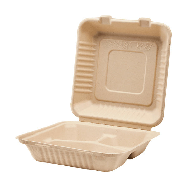 200-PACK OF Container Takeout Karat Earth 3 Compartments, 9''x9'' Molded Fiber Hinged Containers, PFAS Free, Natural - 200 pcs