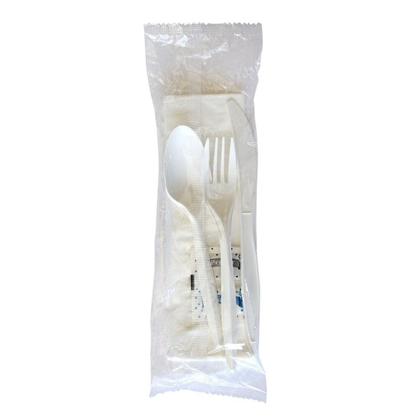 250-PACK OF Boardwalk 6-Piece Mediumweight Plastic Cutlery Set - Fork, Knife, Spoon, Napkin, Salt & Pepper - Convenient White Disposable Utensils (250 Sets per Carton)