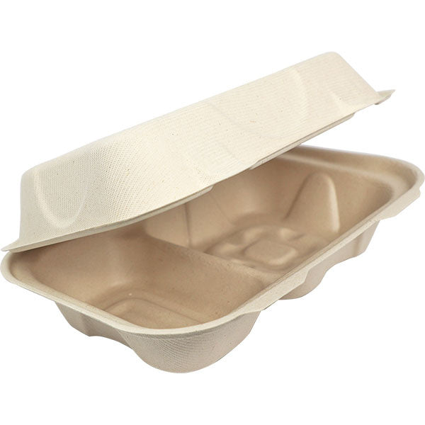 500-PACK OF CONTAINER TAKEOUT World Centric 9x6x3" 2-Compt Compostable Fiber Clamshells | No PFAS | 500 count