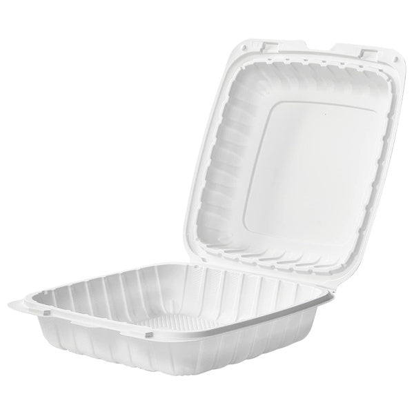 150-PACK OF 9 x 9 x 3 MFPP 1 Compartment Hinged Take Out Containers - White