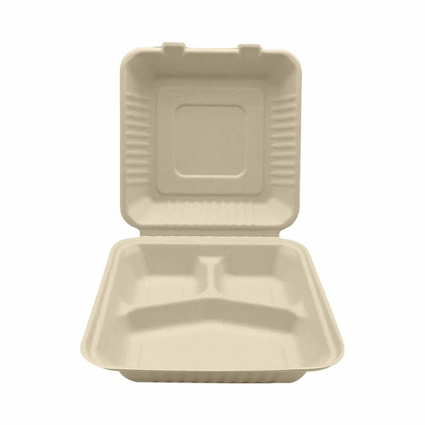 8-PACK OF To Go -Sugarcane Bagasse Compostable 9 Inch 3-Compartment Clamshell - Case of 8 (200 Pcs)