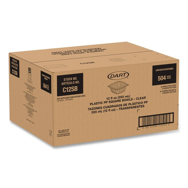 504-PACK OF Dart C12SB 8.5 in. x 8.5 in. x 2.64 in. 12 oz. Plastic Bowls - Square Clear (504/Carton)
