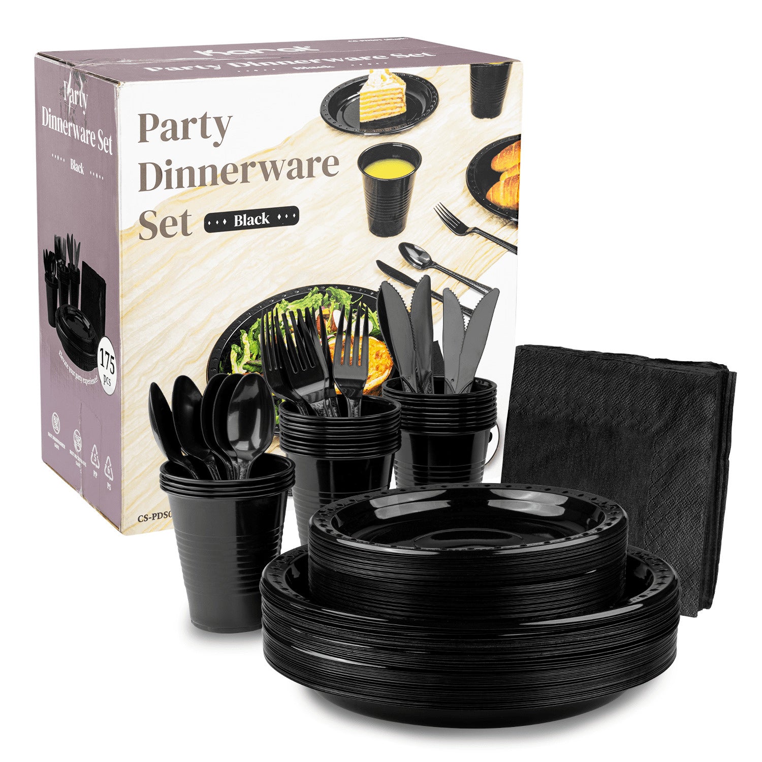 25-PACK OF Kit Combo Karat 25 sets Black Party Dinnerware Set | Plate, Cup, Fork, Knife, Spoon, Napkin