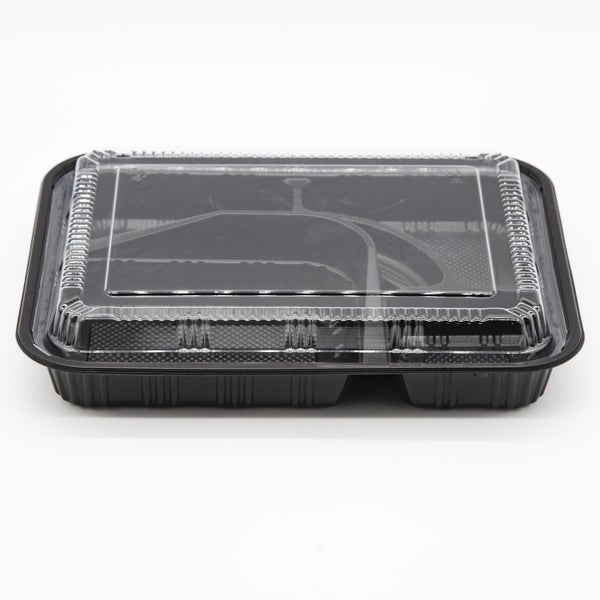 4-PACK OF Container Disp 9.8"x7.6" 5 Compartment Black Bento Sushi Rectangular Container w/ Lid 200Sets