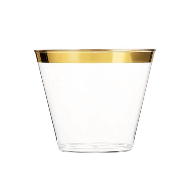 12-PACK OF Cup Plastic 9 oz. Clear with Gold Rim - 240 pcs