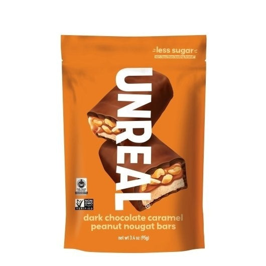 6-PACK OF Dark Chocolate Caramel Peanut Nougat Bars Unreal Candy, 6 - 3.4 Oz