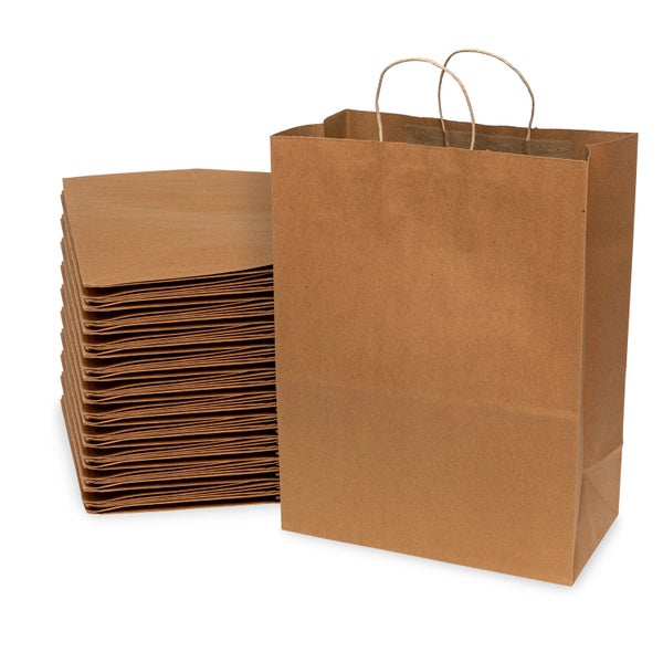 50-PACK OF Bag Paper 13x7x17 Inch 50 Count Brown 120 GSM Large & Tall Prime Line Packaging Kraft Paper Bags with Handles, Shopping Bags for Small Business, Restaurant, Retail, Delivery, in Bulk