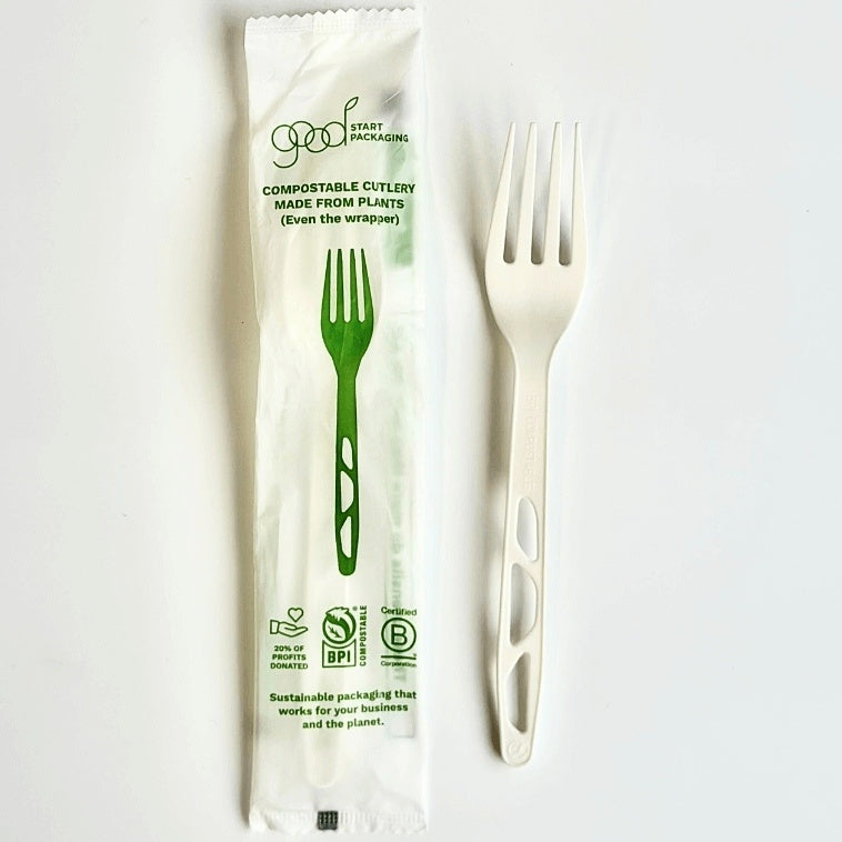 1000-PACK OF FORK COMPOSTABLE 6" Wrapped Compostable CPLA Forks | 1000 count