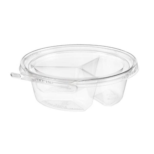 168-PACK OF Safe-T-Fresh 7" Round Tamper Evident & Tamper Resistant 3 Compartment Clamshell Tub, 20 oz