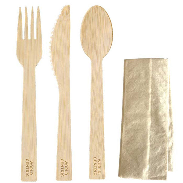 250-PACK OF CUTLERY SET World Centric 6.7" Premium Bamboo Utensil Sets Individually Wrapped w/Napkin | 250 count