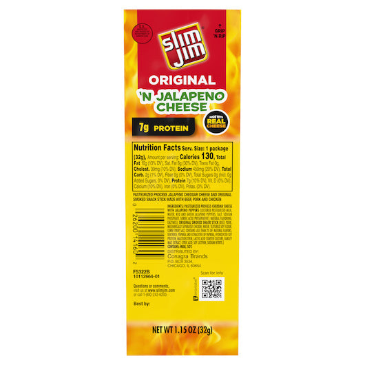84-PACK OF Cheese Jalapeno Slim Jim, 6 - 14 - 1.15 Oz