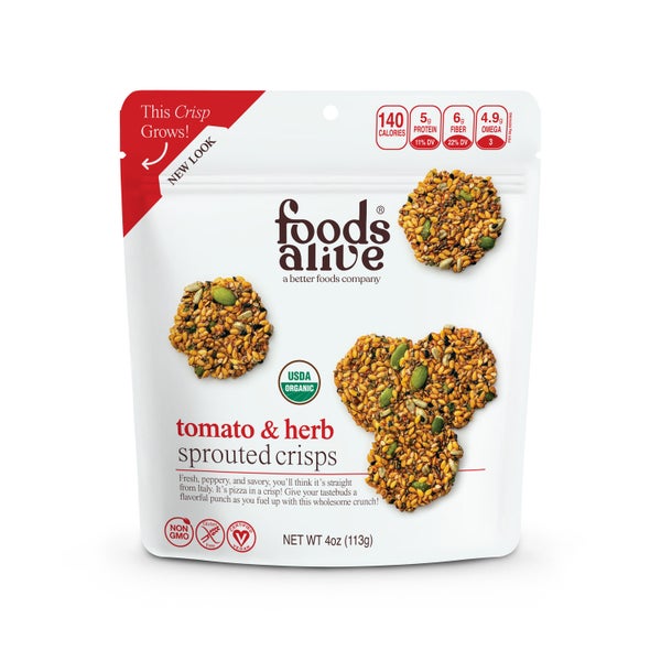 6-PACK OF Sprouted Crisps Tomato and Herb, Foods Alive
