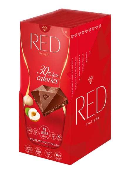 12-PACK OF RED Milk chocolate with hazelnut + macadamia (no sugar added-30% reduced calories), Chocolette Distribution