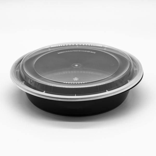 150-PACK OF Container Disp 48oz Black Round Container w/ Lid