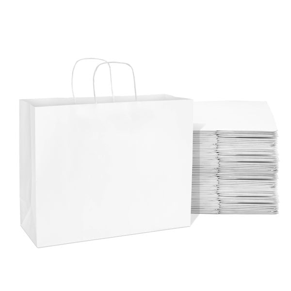 100-PACK OF Bag Paper 16x6x12 Inch 100 Count White 120 GSM Large Prime Line Packaging Kraft Paper Bags with Handles, Shopping Bags for Small Business, Restaurant, Retail, Delivery, in Bulk