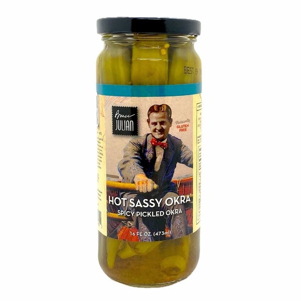 12-PACK OF Okra Pickled, Sassy Okra Hot, Bruce Julian