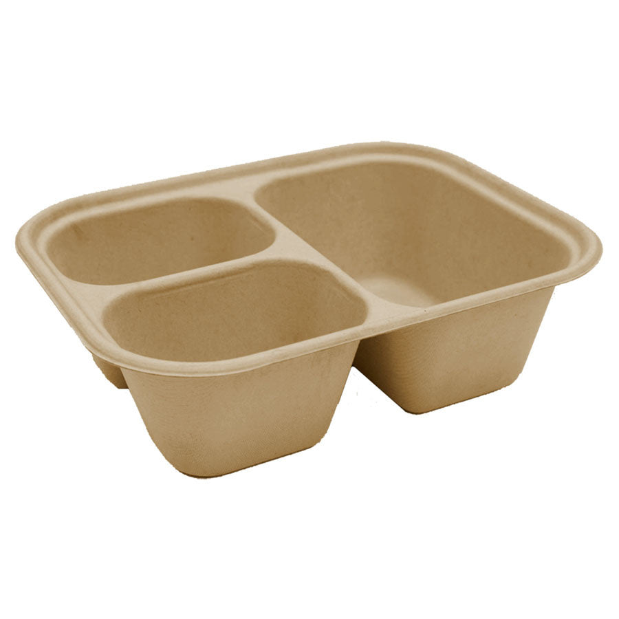 300-PACK OF CONTAINER TAKEOUT World Centric Compostable 48 oz 3-Compt Fiber Trays 10 x 7.5" | 300 count