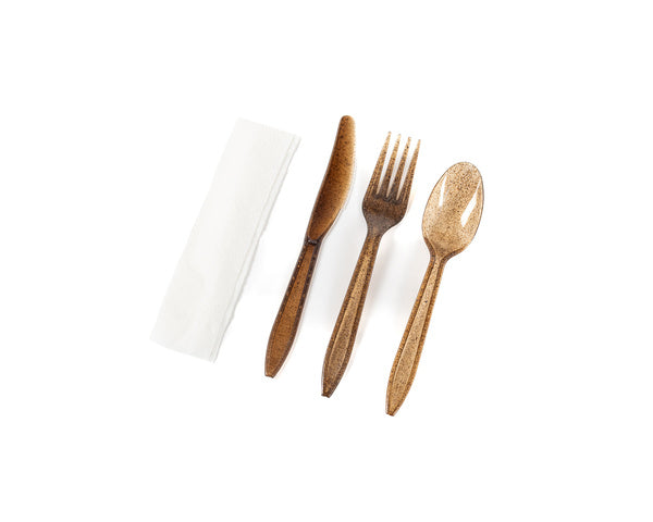 250-PACK OF KIT AGAVE WRAPPED NAPKIN KNIFE FORK SPOON BROWN