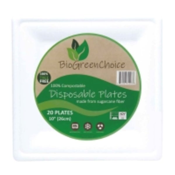 12-PACK OF PLATE PAPER SQUARE BIOGREENCHOICE BAGASSE FIBER MOLDED PLATE 10"