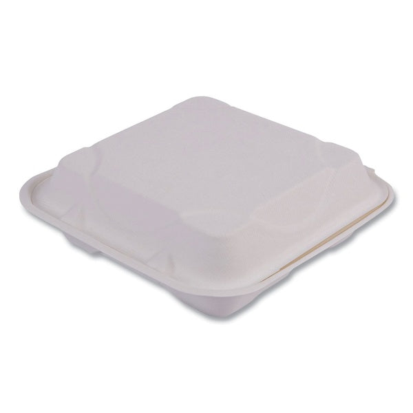 200-PACK OF Container Cmpstbl Eco-Products Vanguard 9" x 9" x 3" Compostable Sugarcane Clamshell Containers - 3-Compartment White (200/Carton)