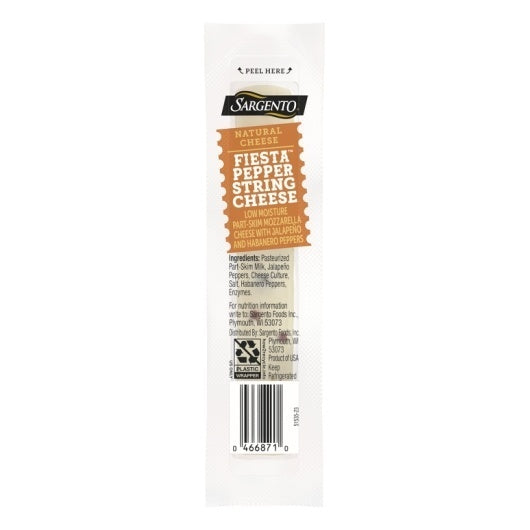96-PACK OF Fiesta Pepper String Cheese Low Moisture Part-Skim Mozzarella Natural Cheese Sargento, 4 - 24 - 0.86 Oz