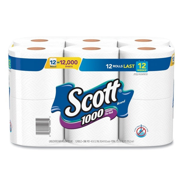 48-PACK OF Tissue Toilet Scott 10060 1-Ply Septic Safe Toilet Paper - 48 Rolls of 1000 Sheets - White Bathroom Tissue