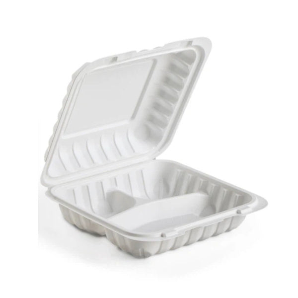 200-PACK OF 8 x 8 x 3 MFPP 3 Compartment Hinged Take Out Container White