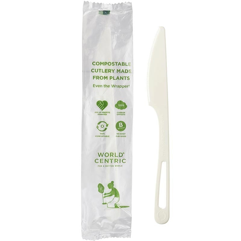 750-PACK OF KNIFE CMPSTBL World Centric 6" Compostable tPLA Knives Individually Wrapped| 750 count