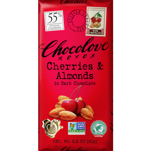 144-PACK OF Cherries & Almonds Dark Chocolate Bar Chocolove Chocolate, 12 - 12 - 3.2 Oz