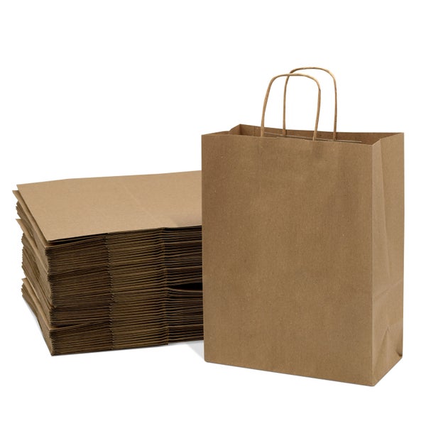 100-PACK OF Bag Paper 10x5x13 Inch 100 Count Brown 120 GSM Medium Prime Line Packaging Kraft Paper Bags with Handles, Shopping Bags for Small Business, Restaurant, Retail, Delivery, in Bulk