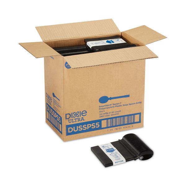 960-PACK OF Dixie DUSSPS5 Mediumweight Polypropylene SmartStock Tri-Tower Dispensing System Cutlery Soup Spoons - Black (960/Carton)