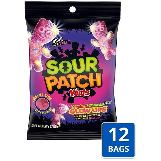 12-PACK OF Glow Ups Peg Bag Sour Patch Kids Candy, 12 - 6.7 Oz