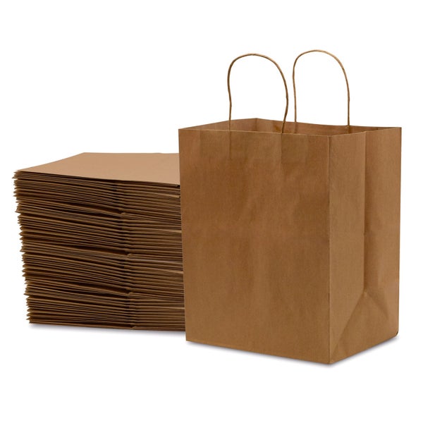 50-PACK OF Bag Paper 10x6.75x12 Inch 50 Count Brown 120 GSM Medium Takeout Style Prime Line Packaging Kraft Paper Bags with Handles, Shopping Bags for Small Business, Restaurant, Retail, Delivery, in Bulk