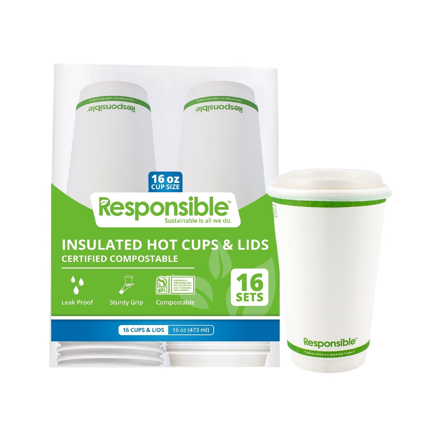 160-PACK OF CUP HOT COMPOSTABLE PAPER SMOOTH INSULATED 16 OZ AND LIDS COMBO KIT 16CT DISPOSABLE
