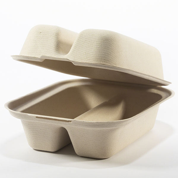 300-PACK OF CONTAINER TAKEOUT World Centric 7x5x3" 2-Compt Compostable Fiber Taco Clamshells | No PFAS | 300 count