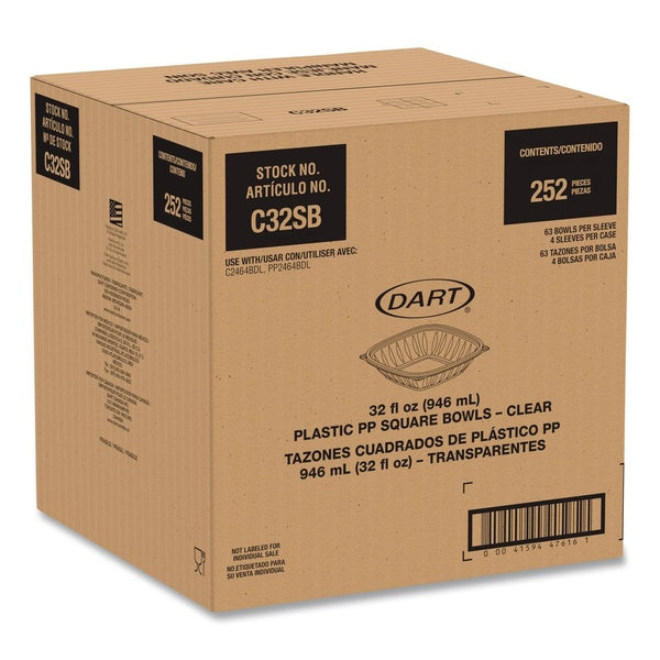 252-PACK OF Dart C32SB 5 in. x 5 in. x 1.49 in. 32 oz. Plastic Bowls - Square Clear (252/Carton)
