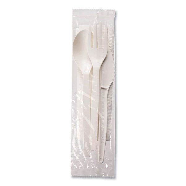 250-PACK OF EcoSense PSM Wrapped Plastic Cutlery Set - Forks, Knives, Spoons & Napkins - 250 Count - Eco-Friendly White Kit