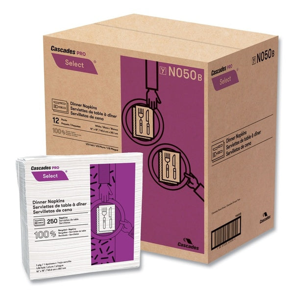 3000-PACK OF Cascades PRO N050 15.5 x 16 1-Ply Select White Dinner Napkins - Ideal for Restaurants and Catering (12-Pack)