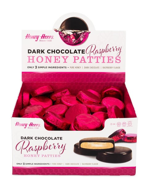 6-PACK OF Honey Patties Raspberry Display Box (6 displays of 90 units), Honey Acres