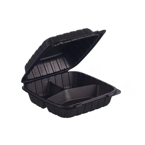 200-PACK OF 8 x 8 x 3 MFPP 3 Compartment Hinged Take Out Container - Black