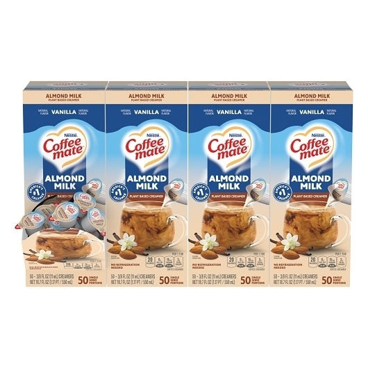 200-PACK OF Cream Coffee-Mate Almond Milk Non-Dairy Liquid Creamer Singles - Natural Vanilla, 0.38 oz Mini Cups (200 Count) - Plant-Based & Vegan Coffee Creamer