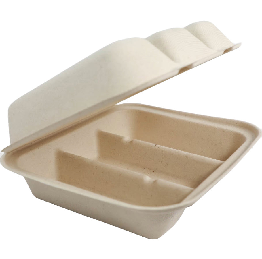 300-PACK OF CONTAINER TAKEOUT World Centric 9.25x8x3" 3-Compt Compostable Fiber Taco Clamshells | No PFAS | 300 Count