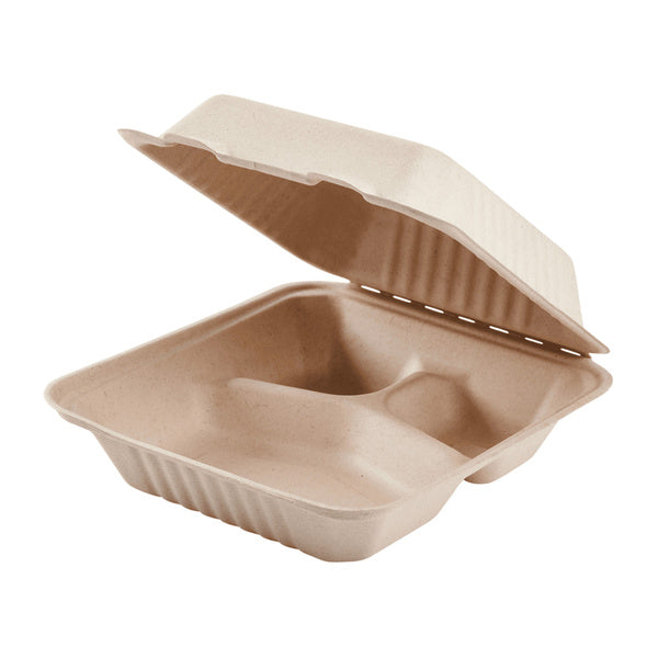 200-PACK OF Container Takeout Karat Earth 3 Compartments, 8''x8'' Molded Fiber Hinged Containers, PFAS Free, Natural - 200 pcs