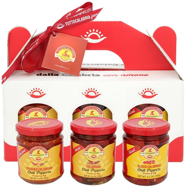 3-PACK OF TuttoCalabria Calabrian Chili Pepper Gift Set – Whole, Crushed and Sliced – 3 x 6.5 oz Jars