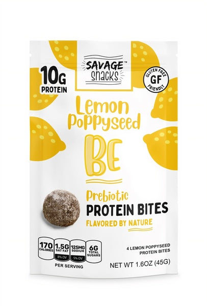 12-PACK OF Snack Protein Bites BE Lemon Poppyseed Prebiotic, Savage Snacks
