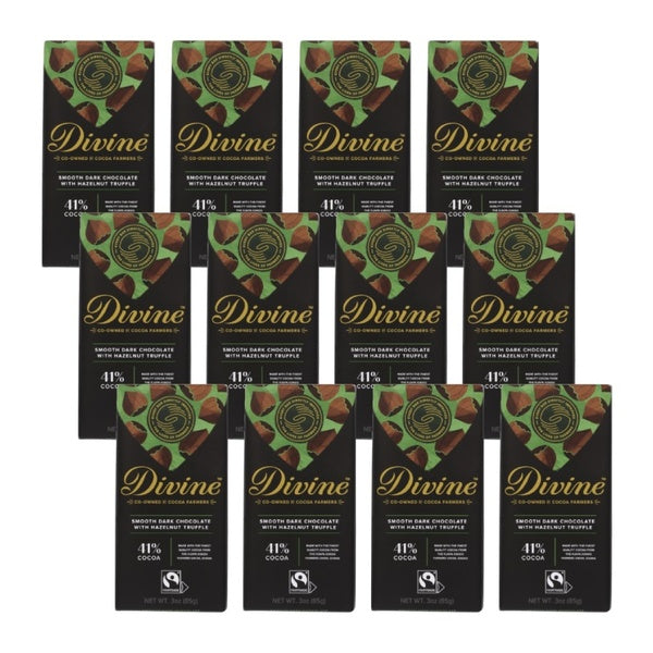 12-PACK OF Chocolate Bar Dark Chocolate Hazelnut Truffle Divine 3 oz