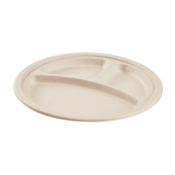 500-PACK OF Plate Round Karat Earth 3 Compartments, 10'' Molded Fiber Round Plates, PFAS Free, Natural - 500 pcs